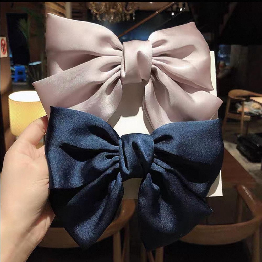 Silky Satin Pink Navy Blue Bohemian Elegant Farmhouse Hair Bow Barrette Set